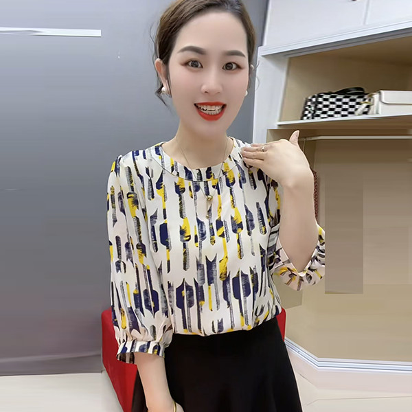 夏季花色上衣七分袖女装新款妈妈装时尚大码宽松显瘦中袖碎花衬衫