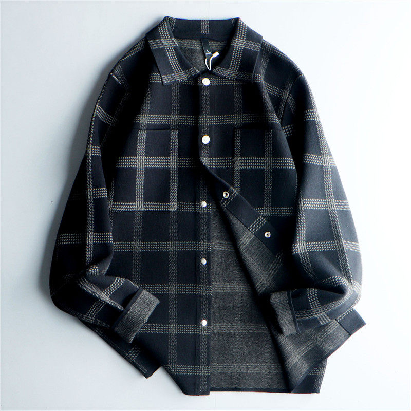 加厚~男格子翻领针织开衫暗扣款修身拼色毛线外套潮91