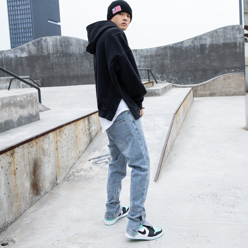 fog高街风格宽松直筒复古排扣牛仔裤男潮流百搭长裤潮牌裤子男