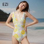 弈姿新款 连体三角泳衣女夏遮肚显瘦印花V领露背泡温泉性感游泳衣