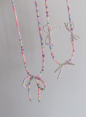 25元包邮朵拉手作彩色多巴胺串珠蝴蝶结项链锁骨链少女百搭配饰