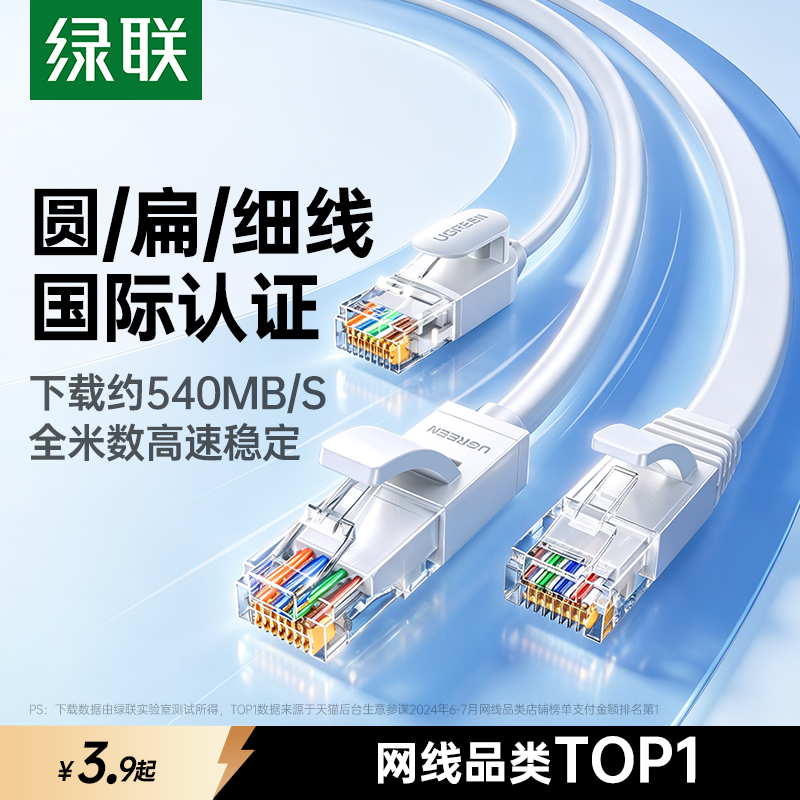 绿联网线白色家用千兆超六类6五5连接电脑宽带路由器网络线成品扁