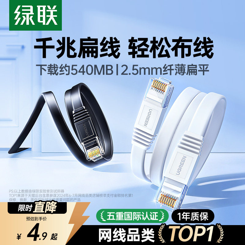 绿联扁平网线家用千兆六类成品薄扁线过门缝隐藏连接宽带网络10米