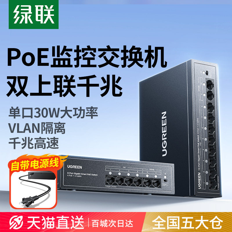 绿联poe交换机4/5/8口百兆千兆网络摄像头供电转换器网线路由
