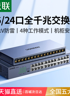 绿联工业交换机全千兆12/16/24口网络分线器网线路由交换器以太网转换接口家用企业专用监控摄像头带机柜挂耳