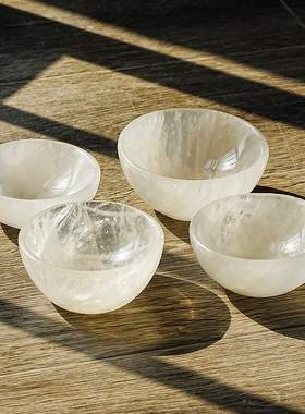 天然白水晶碗雕刻件原石打磨消磁碗家居办公桌水晶碗工艺品摆件