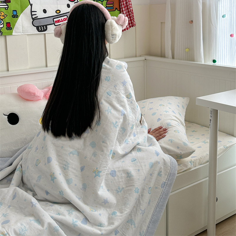 梨梦贝壳星星可爱A面纯棉双层纱B面丹麦绒毛毯沙发盖毯子午睡披肩