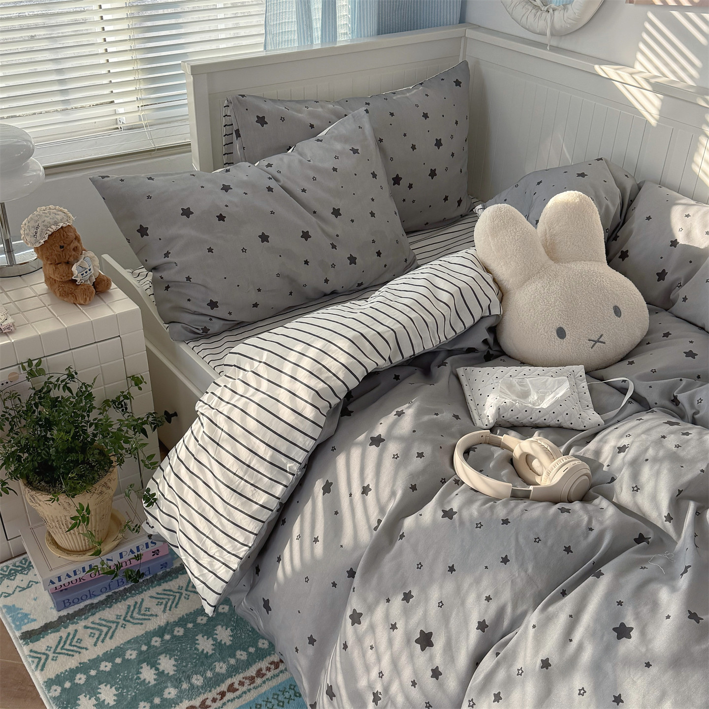 梨梦 灰星星 可爱纯棉四件套全棉床单被套床笠款单人宿舍床上用品