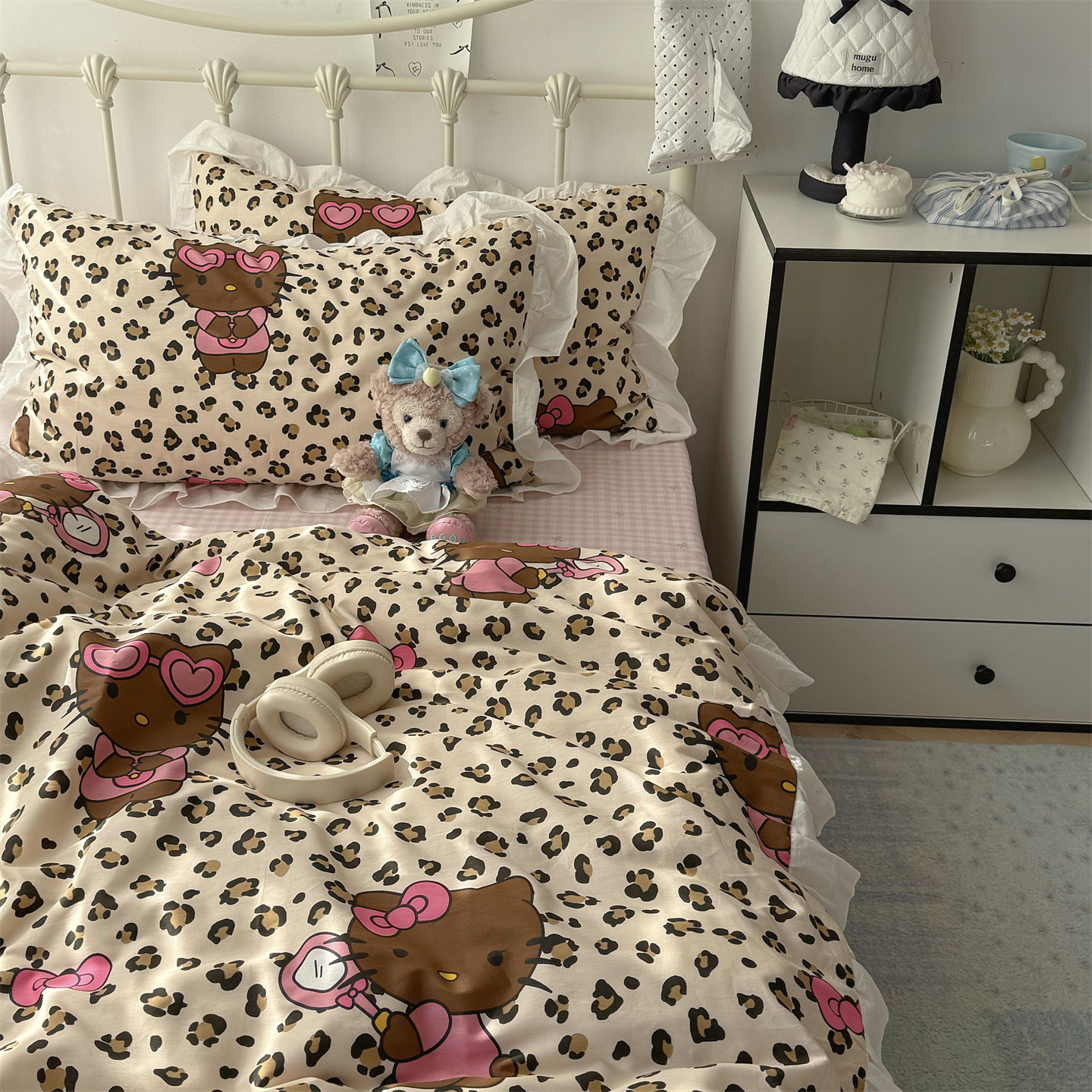梨梦 豹纹黑皮猫可爱花边款纯棉四件套全棉床单被套床笠床上用品,床上用品,床品套件/四件套/多件套,淘宝优惠券,粉丝福利购,淘宝优惠卷