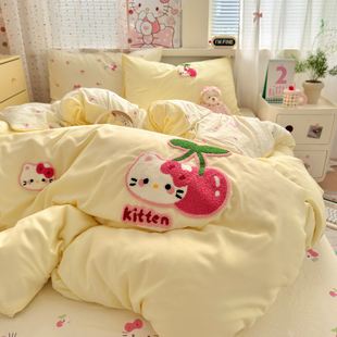 梨梦 可爱卡通少女心刺绣水洗棉四件套亲肤学生宿舍3件套床上用品