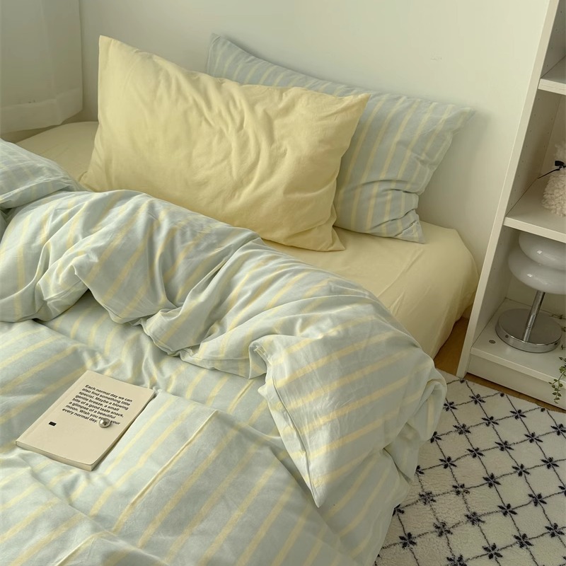 梨梦 海盐芝士 条纹纯棉水洗棉四件套全棉床单被套床笠款床上用品