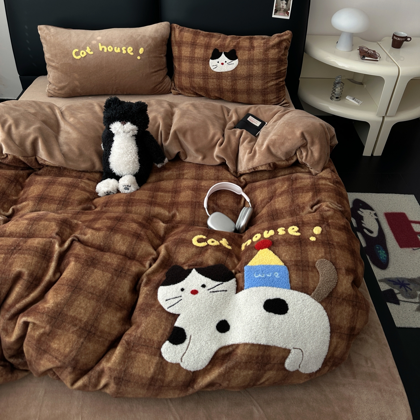 梨梦 小猫房子 可爱秋冬保暖牛奶绒四件套床单被套珊瑚绒床上用品