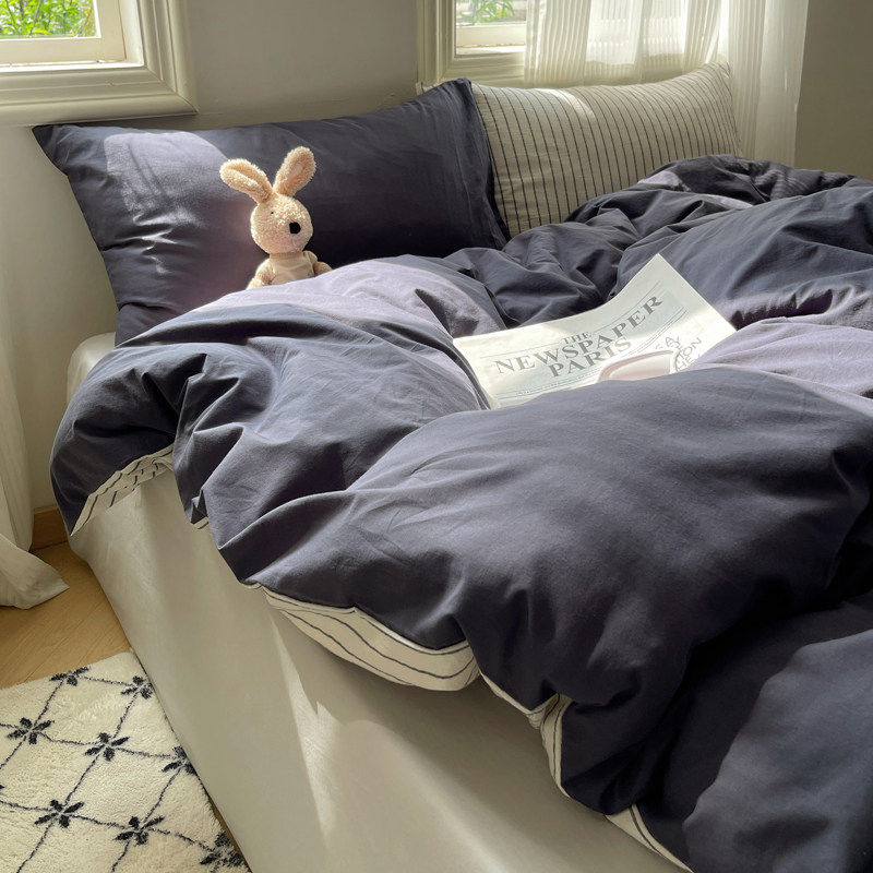 梨梦藏青白条混搭纯棉水洗棉四件套全棉床单被套床笠宿舍床上用品,床上用品,床品套件/四件套/多件套,淘宝优惠券,粉丝福利购,淘宝优惠卷