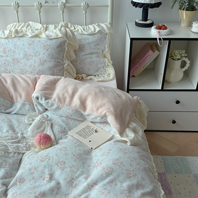 梨梦 雾岛听风 冬季保暖加厚牛奶绒四件套床单被套珊瑚绒床上用品