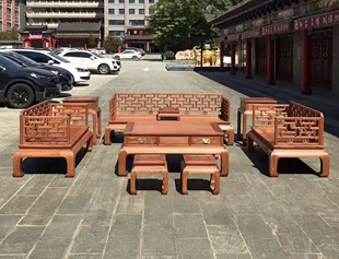 红木家具 缅甸花梨中式经典曲尺沙发 大果紫檀万字格原木沙发组合