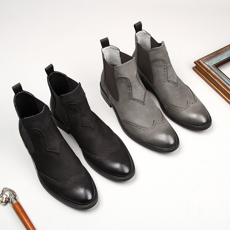 WINTER BRITISH SLIP BOOTS MENS LEATHER BOOTIES MENS HIGH-TOP SHOES POINTED-SCALP SHOES COWHIDE CARVED BOOTS CHELSEA BOOTS