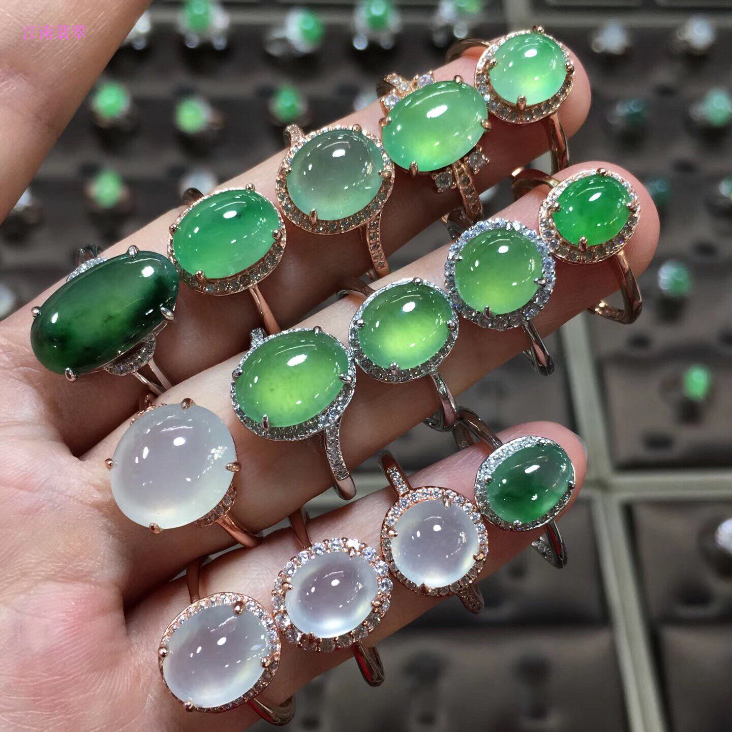 翡翠戒指缅甸天然a货翡翠925纯银镶嵌活圈口冰种晴绿满绿阳绿蛋面