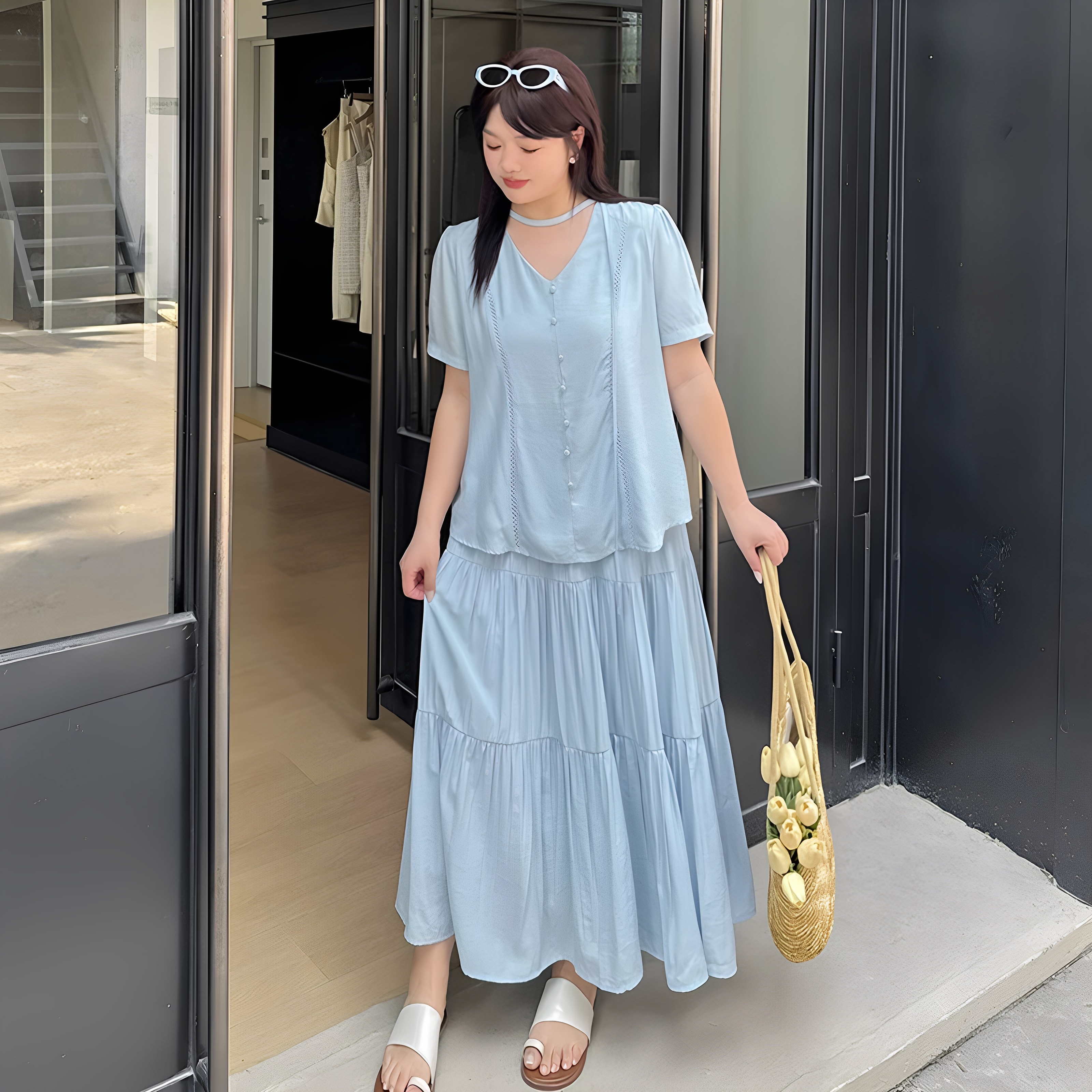微胖mm大码女装2025夏季温柔风甜美减龄显瘦套装新款多巴胺两件套