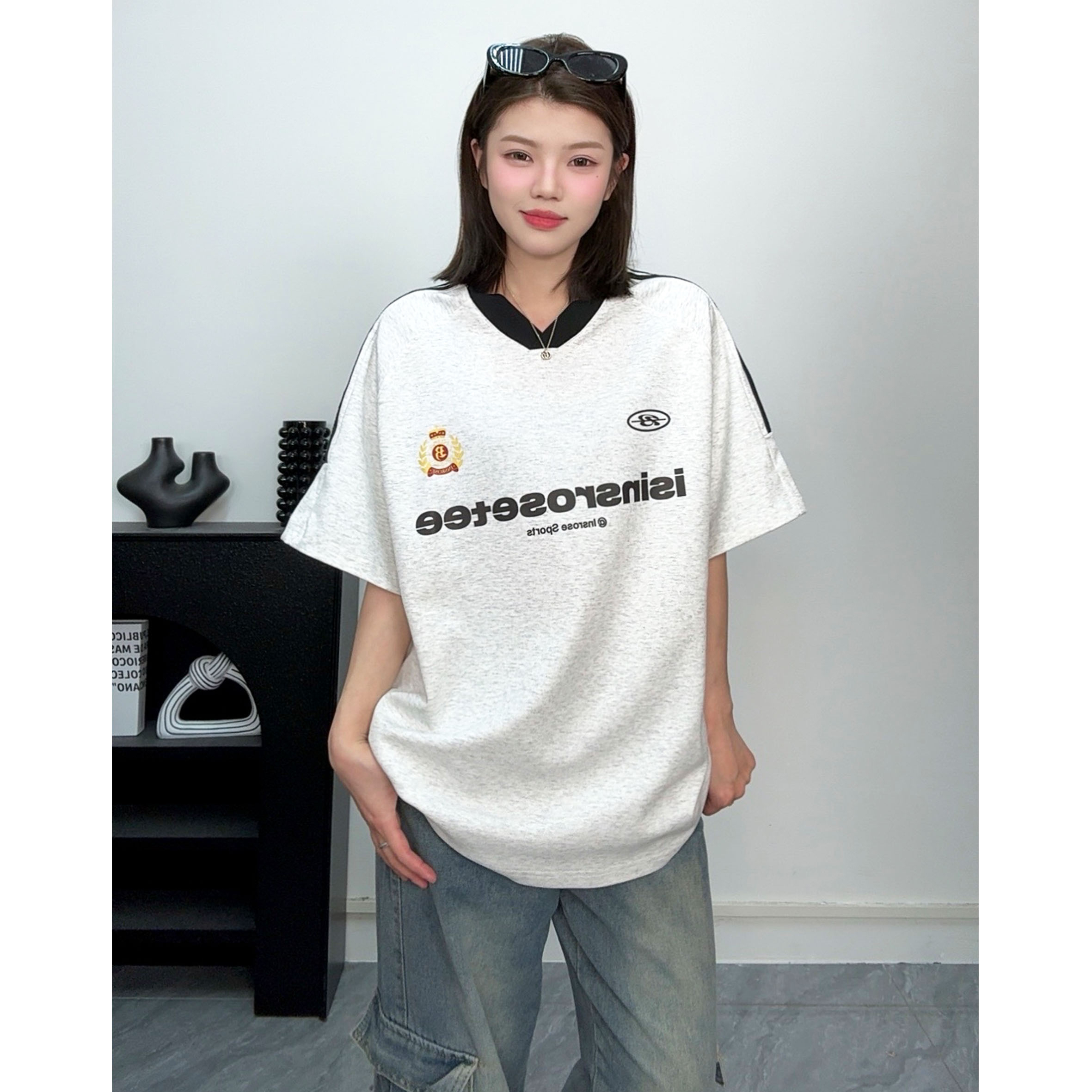 DPX夏季新款重磅短袖T恤女纯棉字母印花撞色条纹拼接宽松百搭上衣
