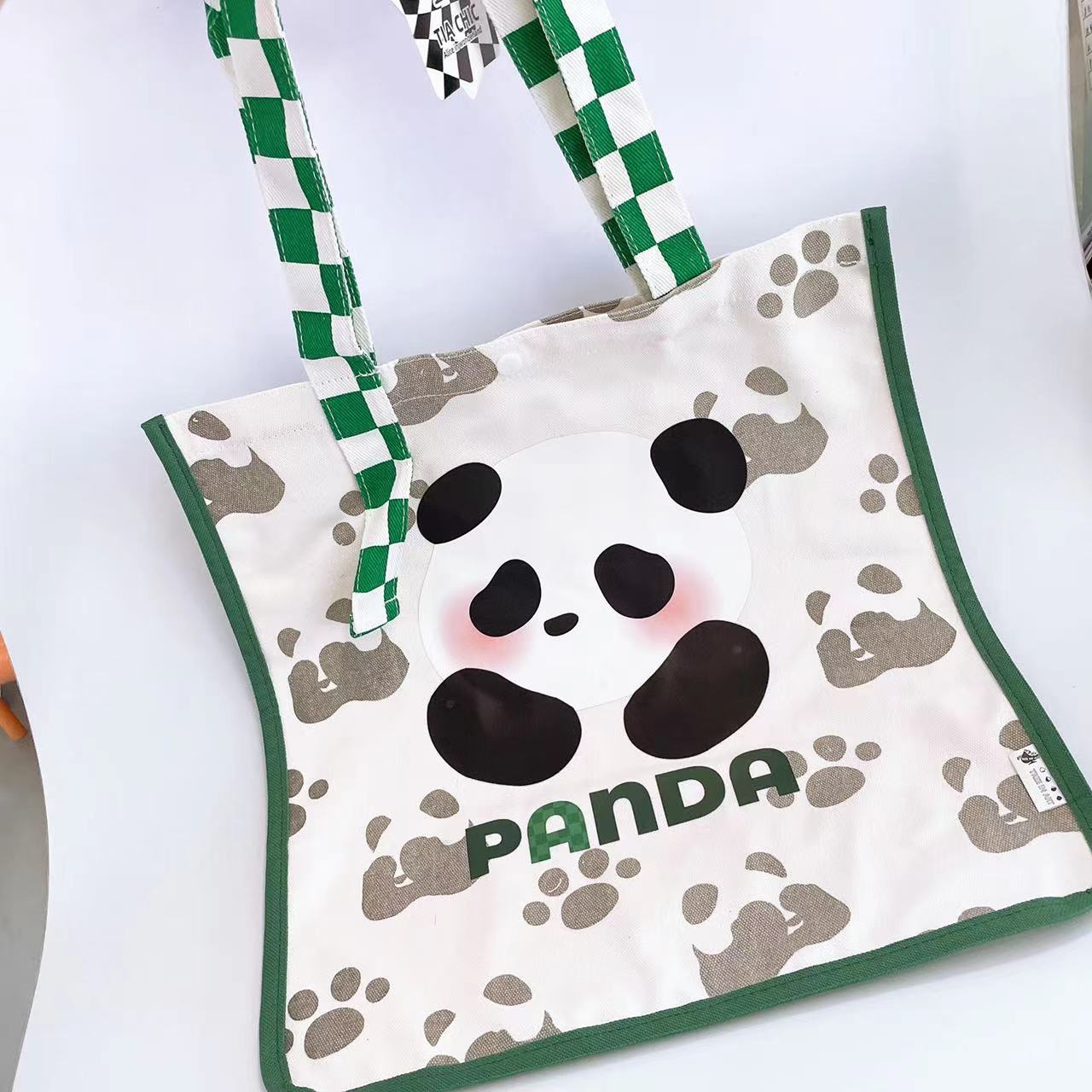 panda.q噗噗棋盘格帆布单肩