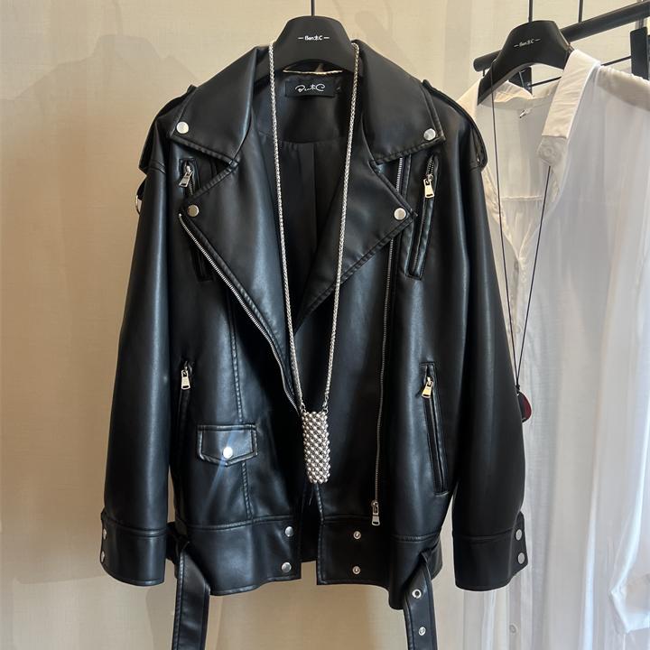 加绒皮衣外套机车中长款宽松