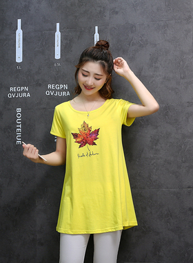 印花T恤女大码短袖纯棉宽松大下摆遮肉显瘦中长款打底衫上衣