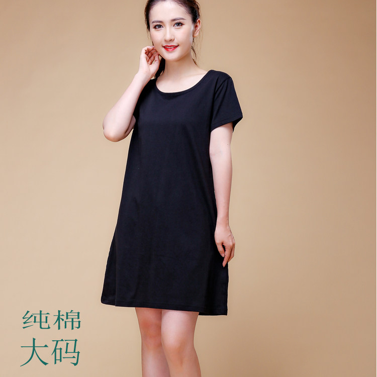 新款女装裙子女夏大码韩版宽松纯棉短袖中长款女连衣裙印花潮胖MM