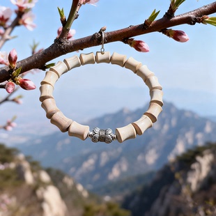 泰山老桃木手串桃木圆珠桃木老型桃木竹节手串配双头莲花