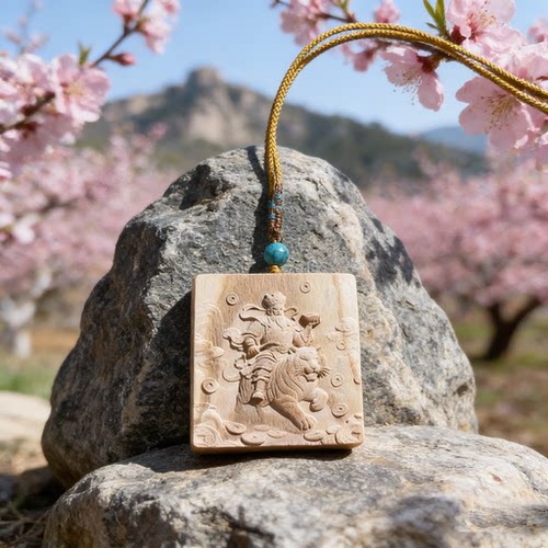 泰山桃木吊坠老桃木赵公明挂件方形赵公明吊坠新品赵公明