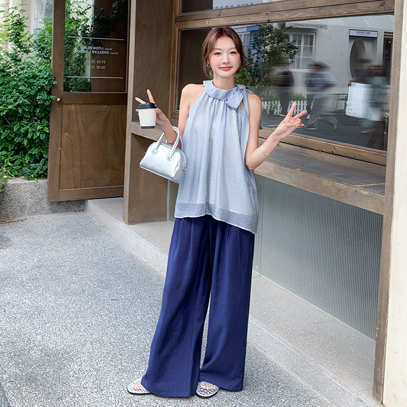 韩系格子挂脖背心套装女夏新款小个子无袖上衣休闲阔腿裤两件套,女装运动套装,浙宝285（原212）