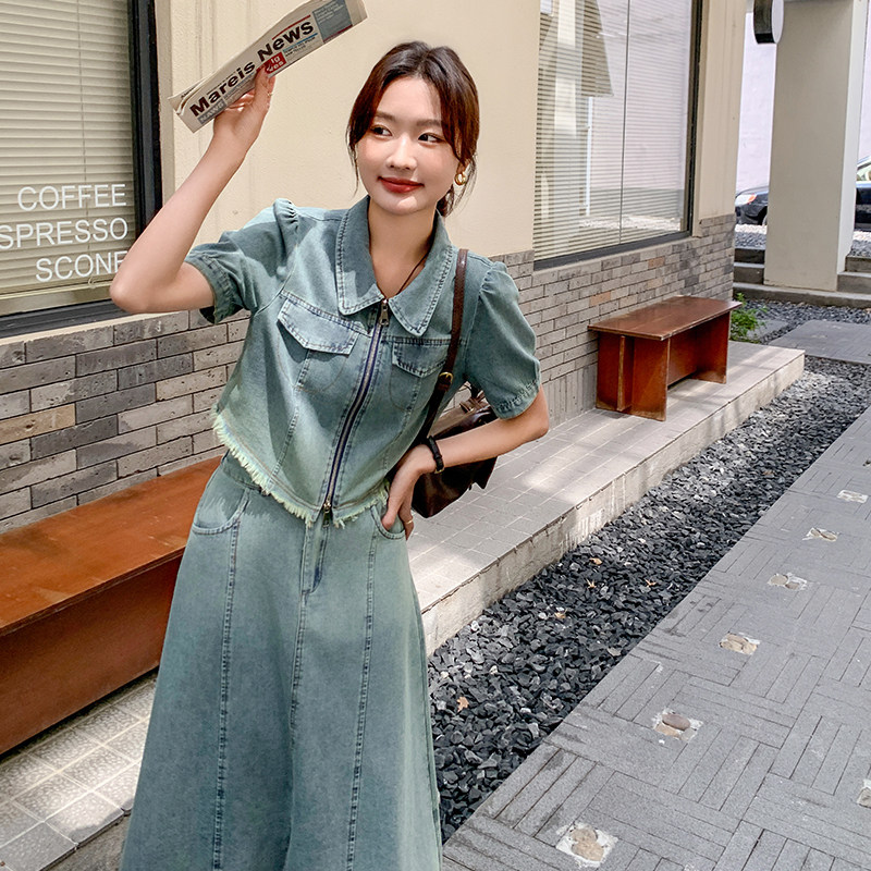 渐变色复古牛仔套装女2025夏季新款时髦洋气短袖上衣半身裙两件套,女装运动套装,浙宝285（原212）