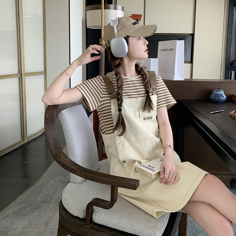 慵懒松弛感学院风背带裤女夏2025新款洋气减龄条纹T恤,女装运动套装,浙宝285（原212）