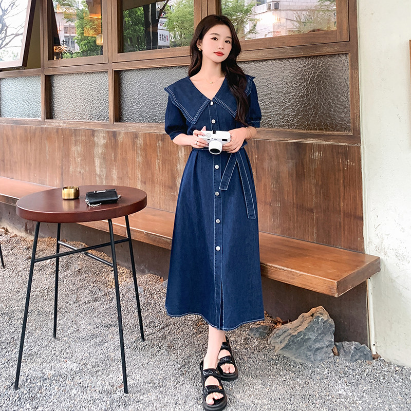 现货现货【新款】娃娃领学院风牛仔连衣裙P125控185,女装连衣裙,浙宝285（原212）