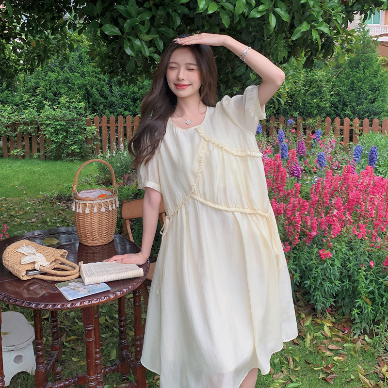 法式甜美圆领雪纺连衣裙女2025夏季新款韩版减龄宽松显瘦桔梗长裙,女装连衣裙,浙宝285（原212）