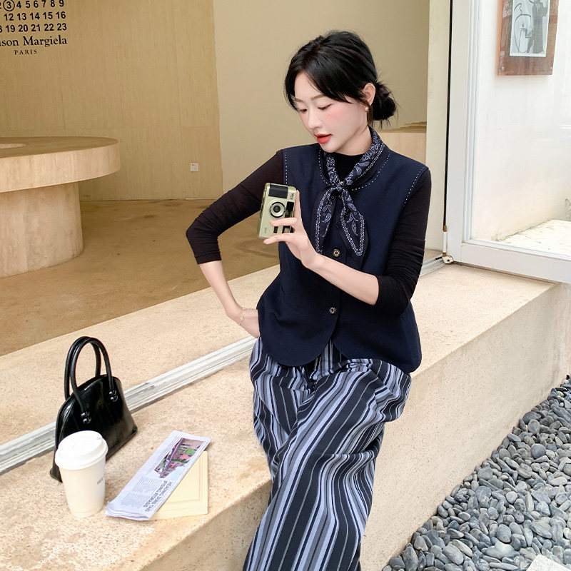 韩系通勤风马甲套装女2025秋新款时尚气质高级感条纹阔腿裤两件套,女装运动套装,浙宝285（原212）