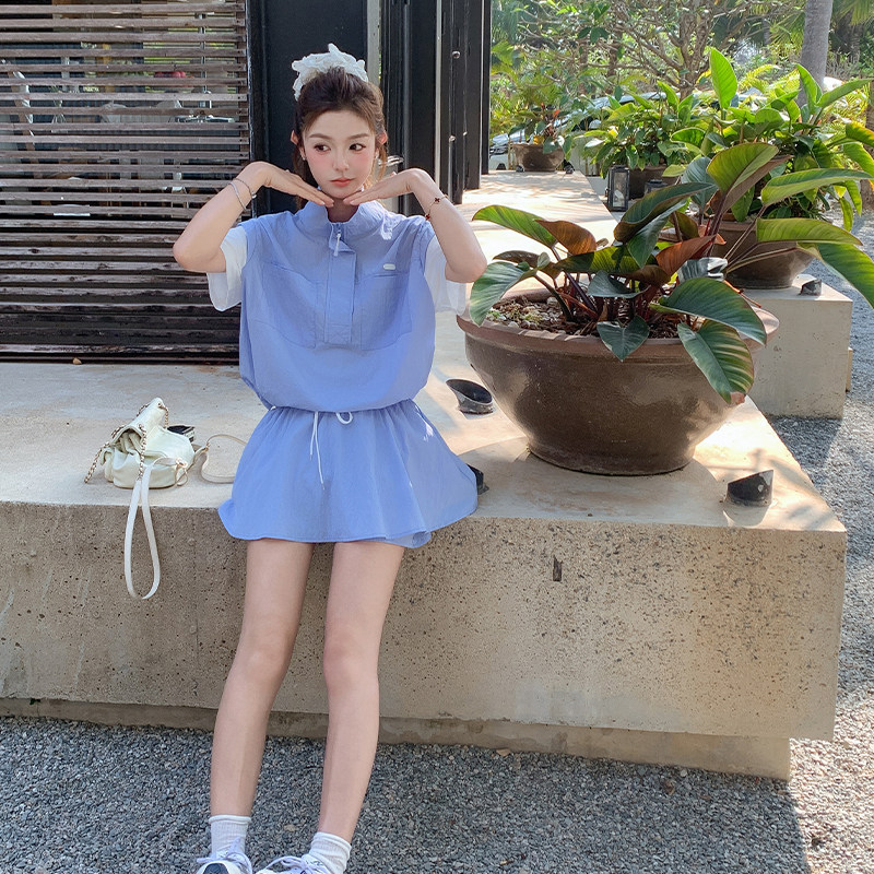 学院风休闲假两件立领上衣短裙裤两件套女2025夏季新款小个子套装,女装运动套装,浙宝285（原212）