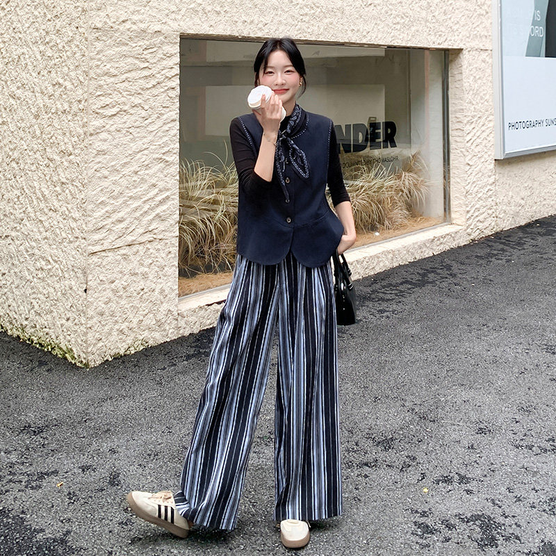 韩系通勤风马甲套装女2025秋新款时尚气质高级感条纹阔腿裤两件套,女装运动套装,浙宝285（原212）