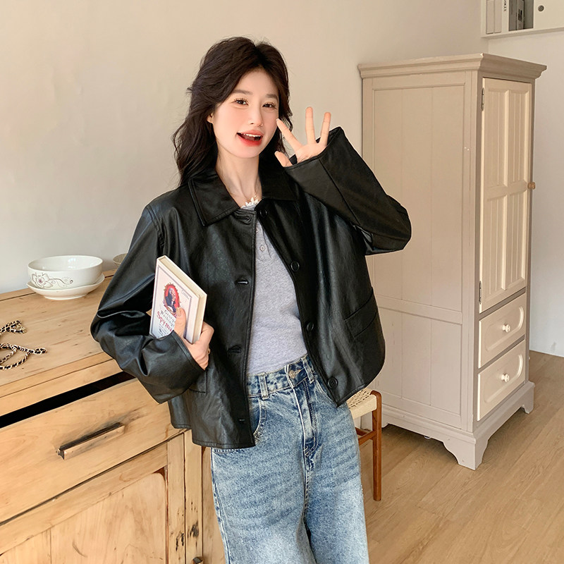 甜酷复古PU皮衣外套女2025早春新款黑色小翻领蛋白皮小个子上衣,女装皮衣,浙宝285（原212）