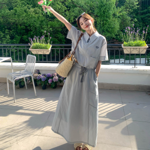 韩系新款时尚洋气减龄裙女翻领短袖休闲拉链外套半身裙