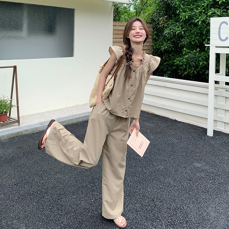 卡其色时尚棉麻连衣裙套装女夏新款学院风减龄小飞袖半身裙两件套,女装运动套装,浙宝285（原212）