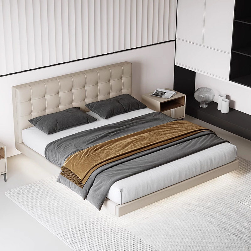 米象现代简约齐边真皮床双人悬空床轻奢靠背主卧床意式极简悬浮床