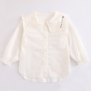 瑁恩瑁爱女童白色衬衣海军领薄款春秋纯棉洋气开衫上衣内搭衬衫潮