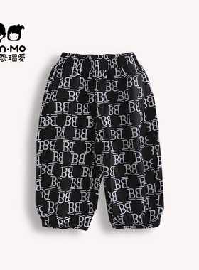 瑁恩瑁爱男童黑色字母弹力棉七分裤儿童夏季薄款束腿宝宝时尚裤子