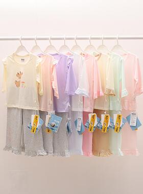 阿米阿奇女童夏季冰川棉家居服套装九分袖a类全棉宝宝睡衣空调服