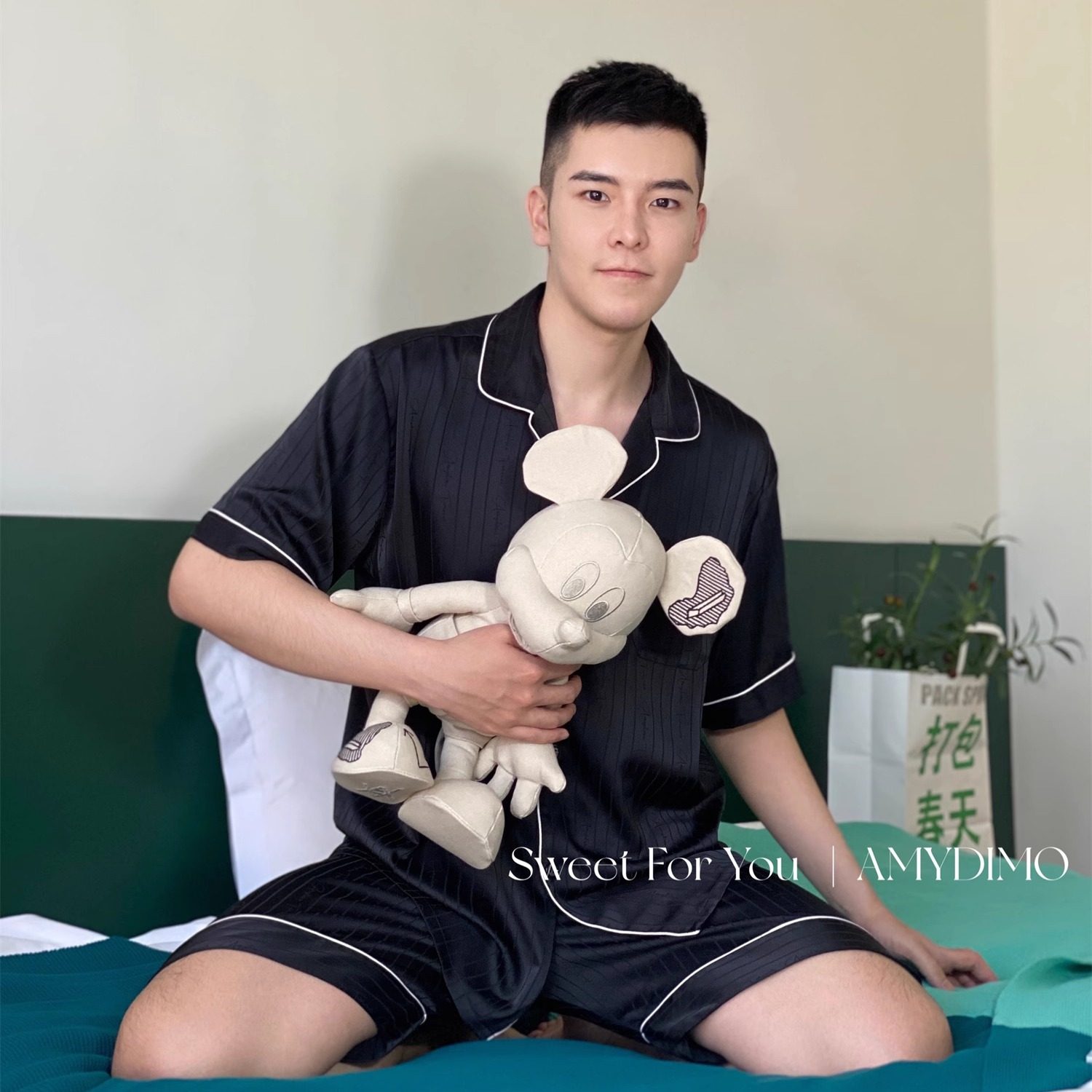 AMYDIMO臻爱男士缎面定制提花短袖短裤睡衣家居服套装