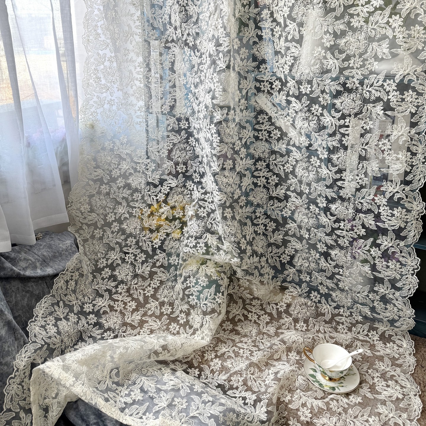 民宿棉线绣花窗帘成品北欧美式落地卧室客厅新中式窗纱隔断帘外贸,居家布艺,成品窗帘,淘宝优惠券,粉丝福利购,淘宝优惠卷