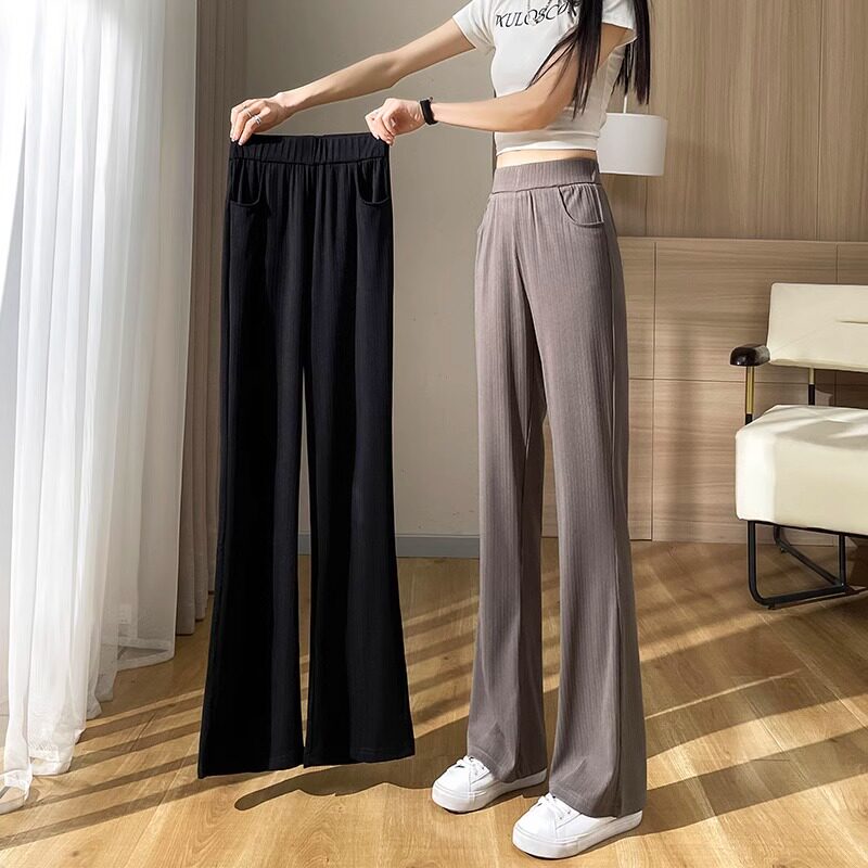冰丝微喇裤子女夏季薄款2025新款阔腿高腰显瘦休闲窄版直筒喇叭裤
