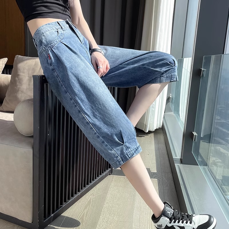 夏季新款七分牛仔裤女高腰显瘦哈伦裤2025年薄款小个子萝卜裤中裤