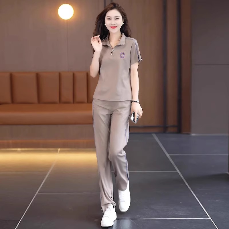 时尚休闲运动服套装女夏款2025新款洋气显瘦短袖T恤阔腿裤两件套