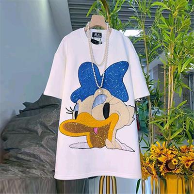 加肥女亮钻卡通图案短袖上衣宽松遮肚子胖妹妹2026新款百搭T恤衫